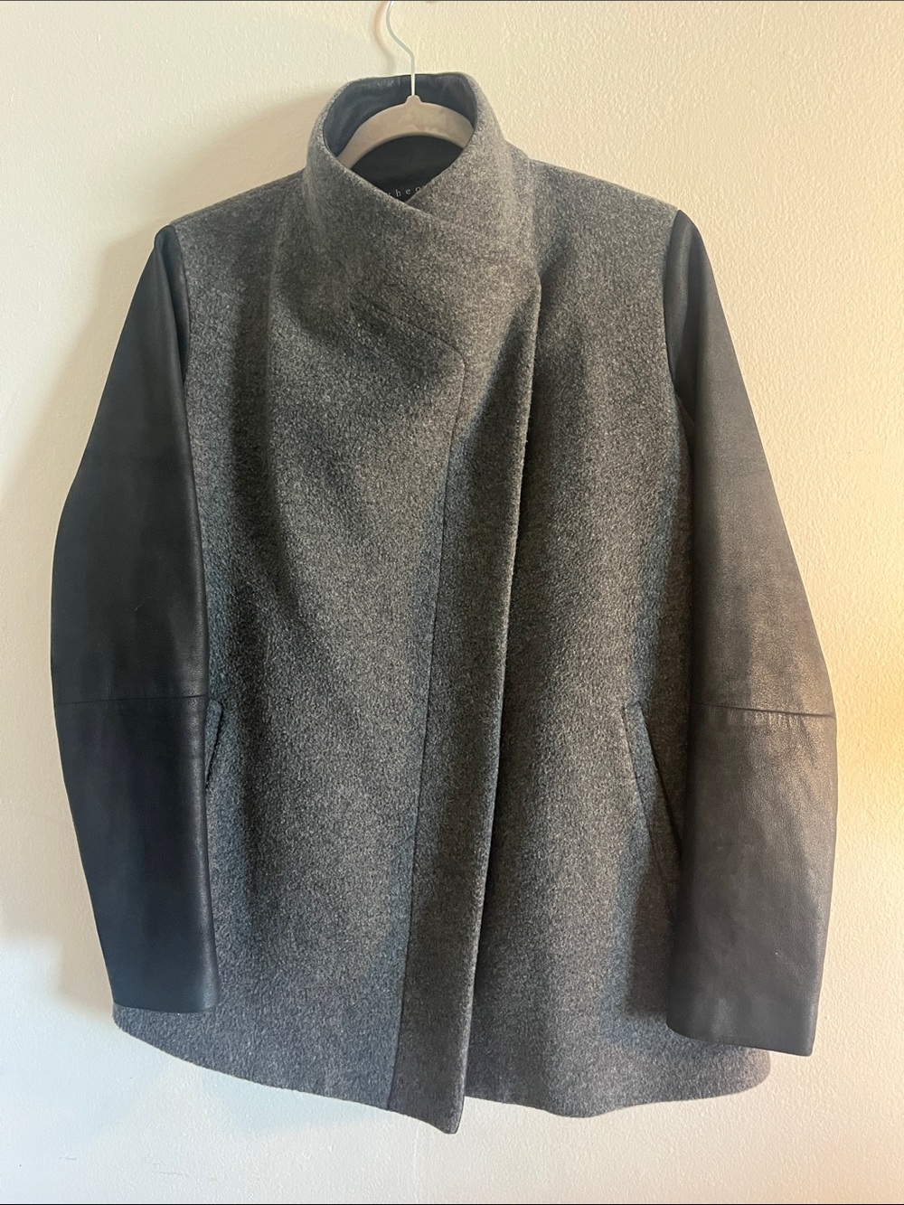 Theory Wool/Cashmere Coat with Black Leather Sleeves